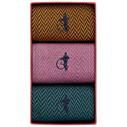 London Sock Company Bond St. Herringbone 3-Paar Sockenbox-Set – Blau/Rosa/Gelb