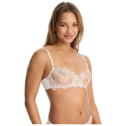 Skarlett Blue Entice Balconette-BH aus Spitze – Weiß/Nylon-Hellbraun