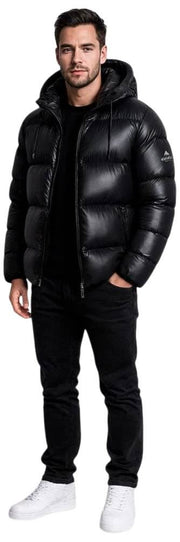 Helvetica Mountain Pioneers Edge Daunenjacke mit Kapuze – Schwarz