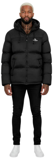 Helvetica Mountain Pioneers Mittelblock-Daunenjacke mit Kapuze – Schwarz