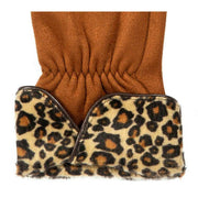 Dents Leopard Print Cuff Touchscreeen Velour-Lined Faux Suede Gloves - Cognac Brown