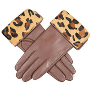 Dents Maya Ponyskin Leopard Print Cuff Leather Gloves - Chestnut Brown