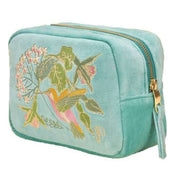 Powder Hummingbird Velvet Embroidered Make Up Bag - Aqua Blue