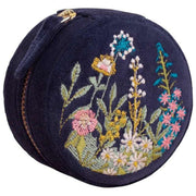 Puderförmige, runde Schmuckschatulle aus Samt mit Blumenmuster – Marineblau