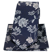 David Van Hagen Flower and Leaf Silk Tie and Hanky Set - Navy