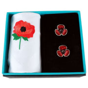 David Van Hagen Poppy Handkerchief and Cufflink Set - White/Red/Green