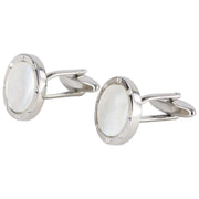 David Van Hagen Rhodium Plated Mother of Pearl Round Porthole Cufflinks  - White/Silver